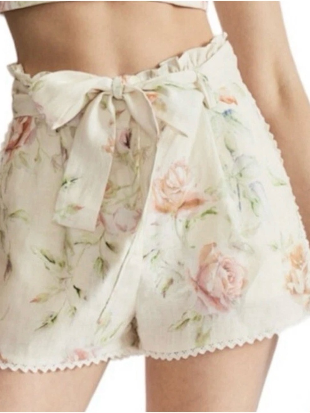 Caroline Constas Floral Linen Blend Belted Shorts Size Large Revolve